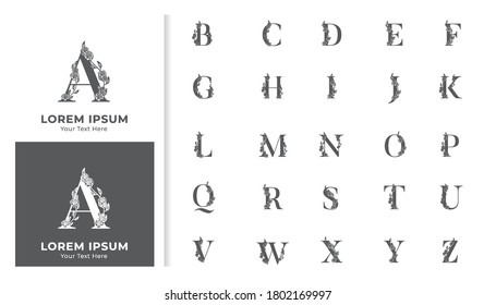 Decorativo conjunto de alfabetos con el logo del logo de la boda de lujo. marco floral para el logotipo de marca y diseño de tarjeta de invitación
