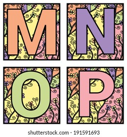 Decorative M, N, O, P alphabet letters with floral elements 