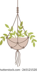 Cabide decorativo da planta macrame mostrando uma pequena planta verde, melhorando os espaços interiores com um toque de natureza e toque boêmio, perfeito para os entusiastas da decoração da casa
