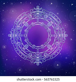 Decorative magic circle. Motives of art Native American Indian. Ethnic design, boho chic, tribal symbol. Silver imitation. Vector illustration, background - the night star sky.