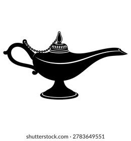 Decorative magic oil lamp featuring a classic oriental design with a delicate metal chain depicted in this striking black and white vector illustration for various creative projects and graphic designs.