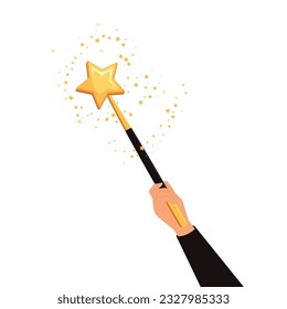 Decorative magic wand in hand with a magic trace. Vector illustration isolated on white background. Web site page and mobile app design