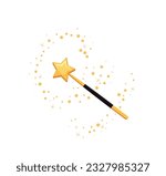 Decorative magic wand with a magic trace. Star shape magic accessory. Magical girl cartoon power. Vector illustration isolated on white background. Web site page and mobile app design