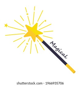 La varita mágica decorativa con traza mágica y forma estrella, accesorio mágico. Poder mágico de la caricatura. Ilustración del vector aislada en fondo blanco