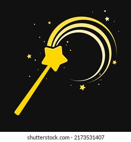 Decorative magic wand with a magic trace. Star shape magic accessory. Web site page and mobile app design. Vector illustration isolated on black background.