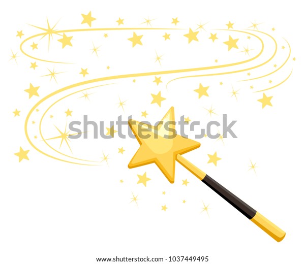 Decorative magic wand with a magic trace. Star\
shape magic accessory. Magical girl cartoon power. Vector\
illustration isolated on white background. Web site page and mobile\
app design
