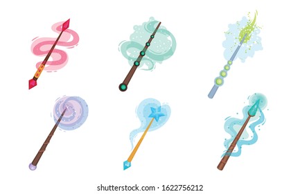 Decorative Magic Wands with Sparkling Waves Vector Set