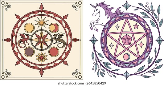 Decorative magical symbols with dragons unicorns stars and celestial elements