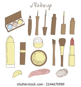 Cosméticos de maquillaje decorativo conjunto ilustración vectorial, doodles coloreados de dibujo a mano