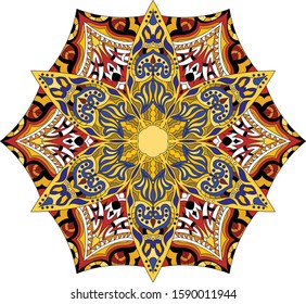 Decorative mandala design. Card, banner, webpage ornament. Meditation poster with vibrant color. 