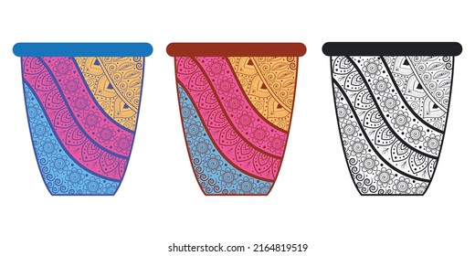 Decorative mandala design and line art design with hand-drawn flower pot.