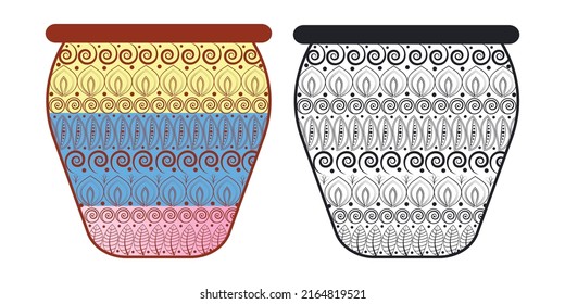 Decorative mandala design and line art design with hand-drawn flower pot.