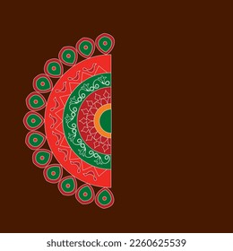 Decorative mandala designs in half circle with beautyful colors and forms on maroon color background.