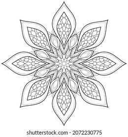 Mandala decorativa con elementos florales y motivos naturales sobre un fondo blanco aislado. Para colorear páginas de libros.