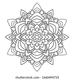 Dekorative Mandala mit floralen Elementen auf weißem, isoliertem Hintergrund. Gut zum Färben von Buchseiten.