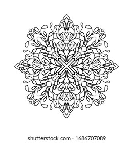 Dekorative Mandala mit floralen Elementen auf weißem, isoliertem Hintergrund. Gut zum Färben von Buchseiten.