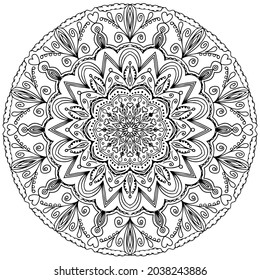 Mandala decorativa con elementos florales sobre fondo blanco. Patrón abstracto sin inconvenientes. Adecuado para colorear libros, papel de embalaje, embalaje