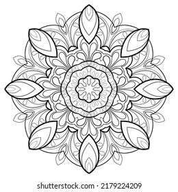 Mandala decorativa con elementos florales y patrones suaves sobre un fondo blanco aislado. Para colorear páginas de libros.