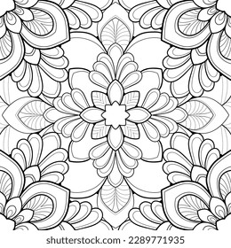 Decorative mandala with floral and linear patterns on a white background. Seamless. Suit for coloring book.