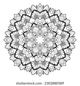 Decorative mandala with floral and linear patterns, round shapes on a white isolated background. For coloring book pages.