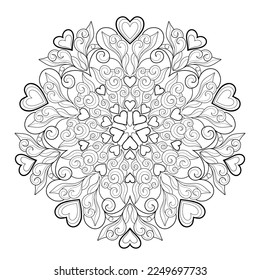 Decorative mandala with floral patterns and heart elements on a white isolated background. For coloring book pages.