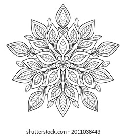 Decorative mandala with floral patterns and leaves on a white isolated background. For coloring book pages.