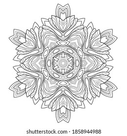 Mandala decorativa con motivos florales sobre fondo blanco aislado. Adecuado para colorear páginas de libros.
