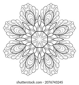 Decorative mandala with floral patterns on a white isolated background. For coloring book pages.