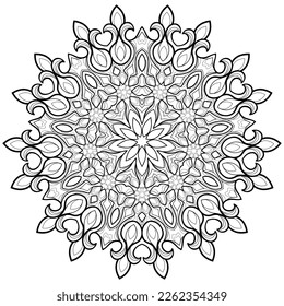 Mandala decorativa con motivos florales sobre un fondo blanco aislado. Para colorear páginas de libros.