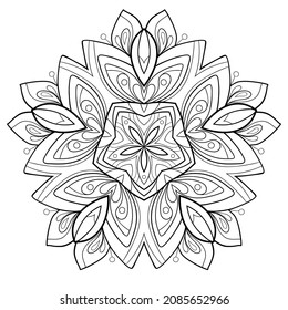 Mandala decorativa con motivos florales y formas redondeadas sobre un fondo blanco aislado. Para colorear páginas de libros.