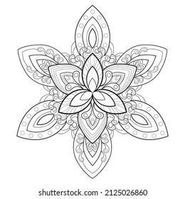 Decorative mandala with floral patterns and round shapes on a white isolated background. For coloring book pages.
