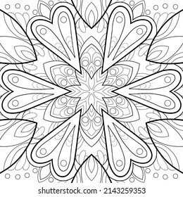 Decorative mandala with floral patterns and round shapes on a white background. For coloring book pages.