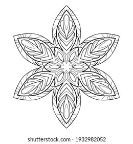Dekorative Mandala mit floralen und weichen Mustern auf weißem, isoliertem Hintergrund. Zum Färben von Buchseiten.