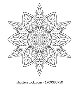 Decorative mandala with floral and striped patterns on white isolated background. For coloring book pages.