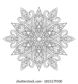 Decorative mandala with floral and vintage patterns on white isolated background. For coloring book pages.