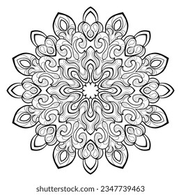 Mandala decorativa con motivos florales y vintage sobre un fondo blanco aislado. Para colorear páginas de libros.