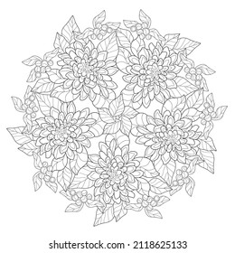 Decorative mandala with flowers and leaves on a white isolated background. For coloring book pages.