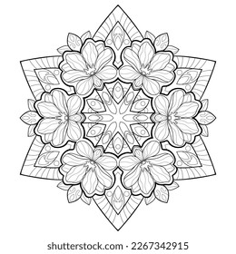 Decorative mandala with flowers and simple patterns on a white isolated background. For coloring book pages.