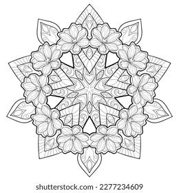 Decorative mandala with flowers and simple patterns on a white isolated background. For coloring book pages.