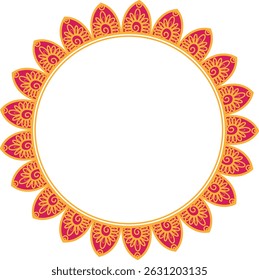 Decorative Mandala Frame with Floral Petal Border.  Circular mandala frame with red and yellow floral petal design on white background.