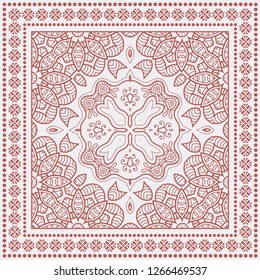 Decorative mandala geometric floral background, lace pattern with frame border. Hand drawn line ornament. Bandanna shawl, tablecloth fabric print, silk neck scarf, kerchief design