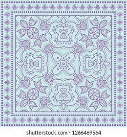 Decorative mandala geometric floral background, lace pattern with frame border. Hand drawn line ornament. Bandanna shawl, tablecloth fabric print, silk neck scarf, kerchief design