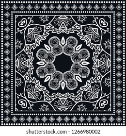 Decorative mandala geometric floral background, lace pattern with frame border. Hand drawn line ornament. Bandanna shawl, tablecloth fabric print, silk neck scarf, kerchief design. Black and white