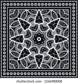 Decorative mandala geometric floral background, lace pattern with frame border. Hand drawn line ornament. Bandanna shawl, tablecloth fabric print, silk neck scarf, kerchief design. Black and white