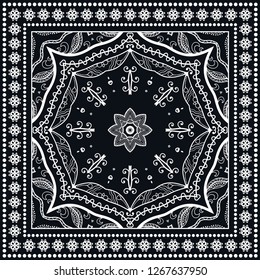 Decorative mandala geometric floral background, lace pattern with frame border. Hand drawn line ornament. Bandanna shawl, tablecloth fabric print, silk neck scarf, kerchief design