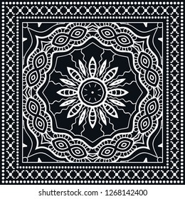 Decorative mandala geometric floral background, lace pattern with frame border. Hand drawn line ornament. Bandanna shawl, tablecloth fabric print, silk neck scarf, kerchief design. Black and white