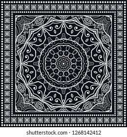 Decorative mandala geometric floral background, lace pattern with frame border. Hand drawn line ornament. Bandanna shawl, tablecloth fabric print, silk neck scarf, kerchief design. Black and white