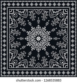 Decorative mandala geometric floral background, lace pattern with frame border. Hand drawn line ornament. Bandanna shawl, tablecloth fabric print, silk neck scarf, kerchief design. Black and white