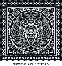 Decorative mandala geometric floral background, lace pattern with frame border. Hand drawn line ornament. Bandanna shawl, tablecloth fabric print, silk neck scarf, kerchief design