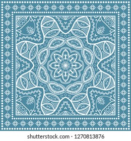 Decorative mandala geometric floral background, lace pattern with frame border. Hand drawn line ornament. Bandanna shawl, tablecloth fabric print, silk neck scarf, kerchief design